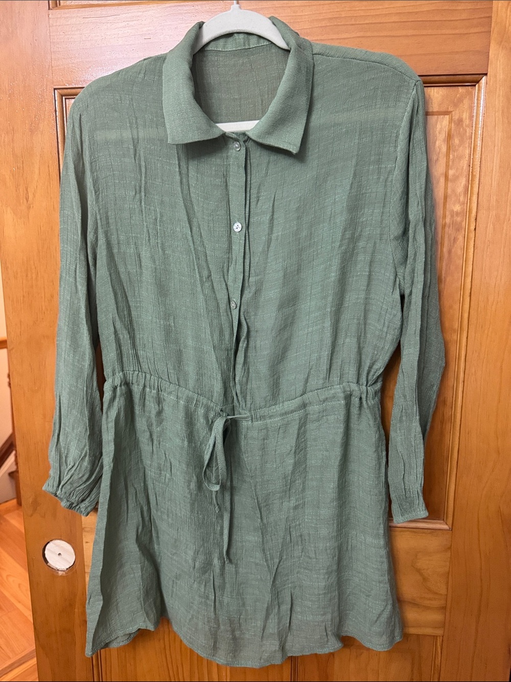 Women’s Sage Green Button-Front Drawstring Shirt Dress